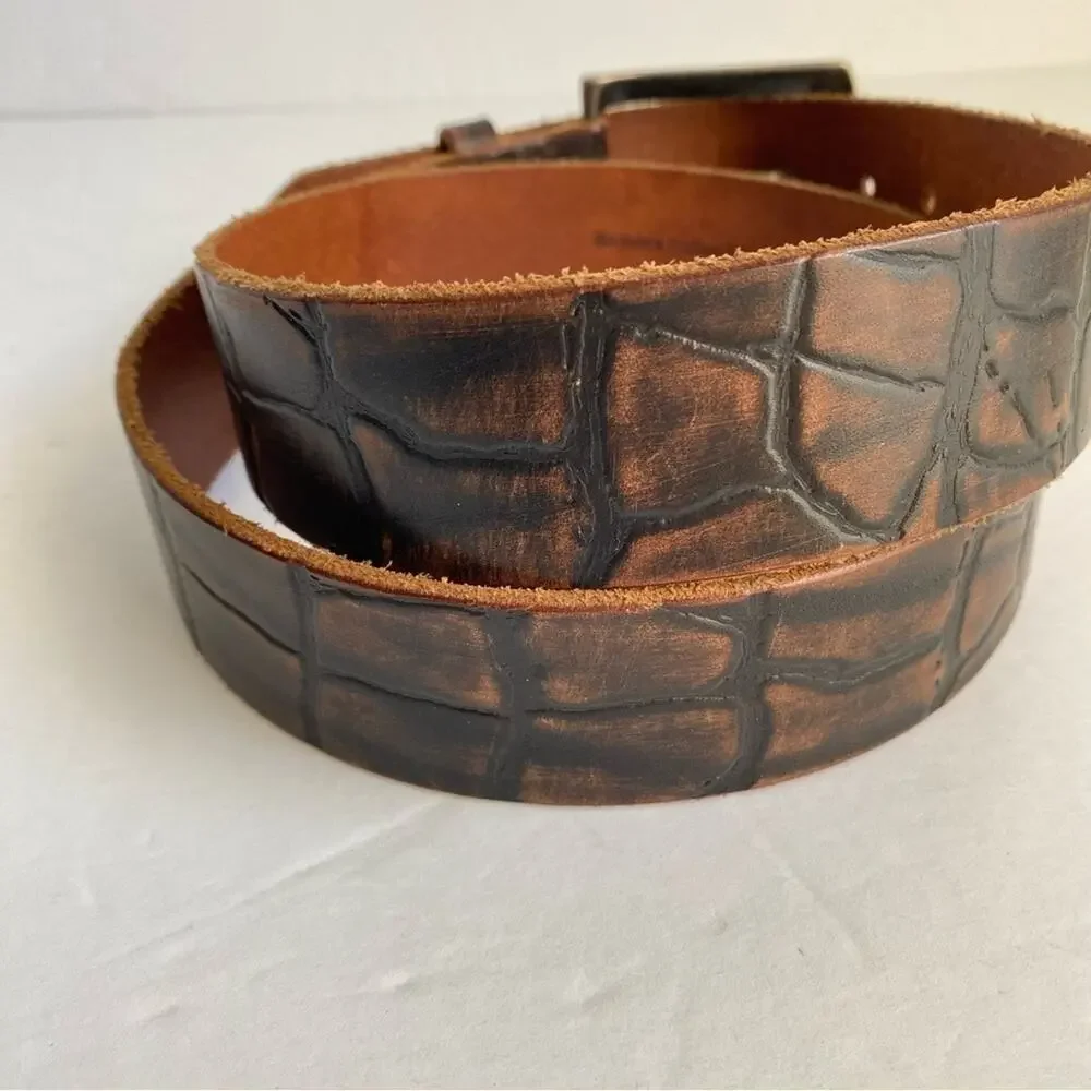 Brown Italian Leather Belt Mock Croc Embossed Statement Silver Buckle Mens Large